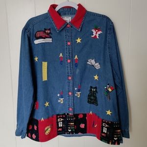 Vintage 90s teacher denim shirt jacket embroidery patches apple buttons cat